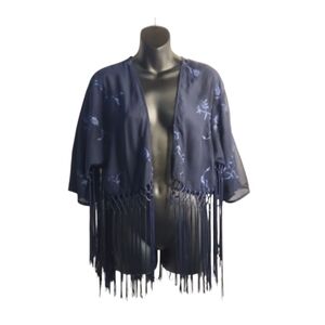 Haute Society Women's Navy Blue Embroidered Fringed Crop Top Cardigan Sz…